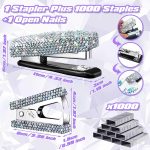 6 Pack Bling Office Stationery Set Desk Accessory Office Set Includes Pen Scissor Stapler Staple Remover 1000 Pcs Staples Tape Dispenser with Diamond Inlay for Office Home Desk Supplies (Silver) - Image 2